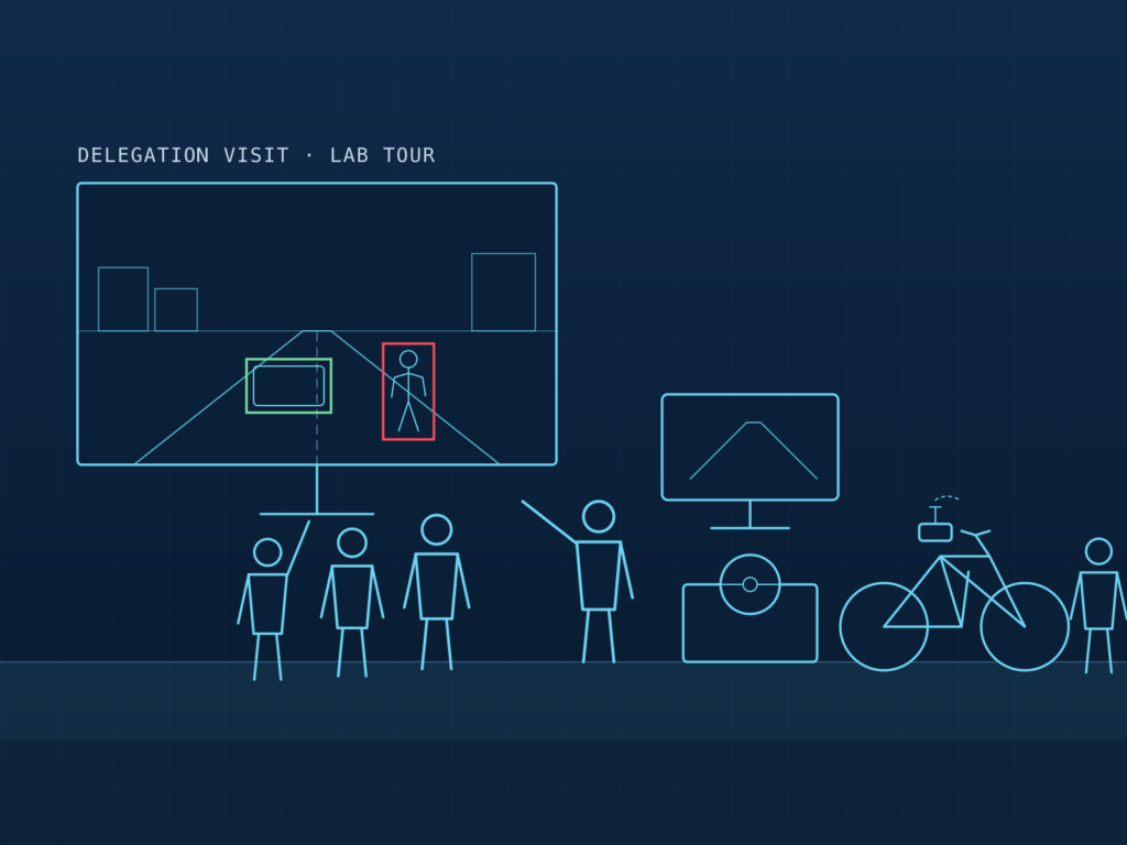 Drawn scene: a presentation of an urban street scene with detections, the driving simulator and the instrumented bicycle, visitors around them