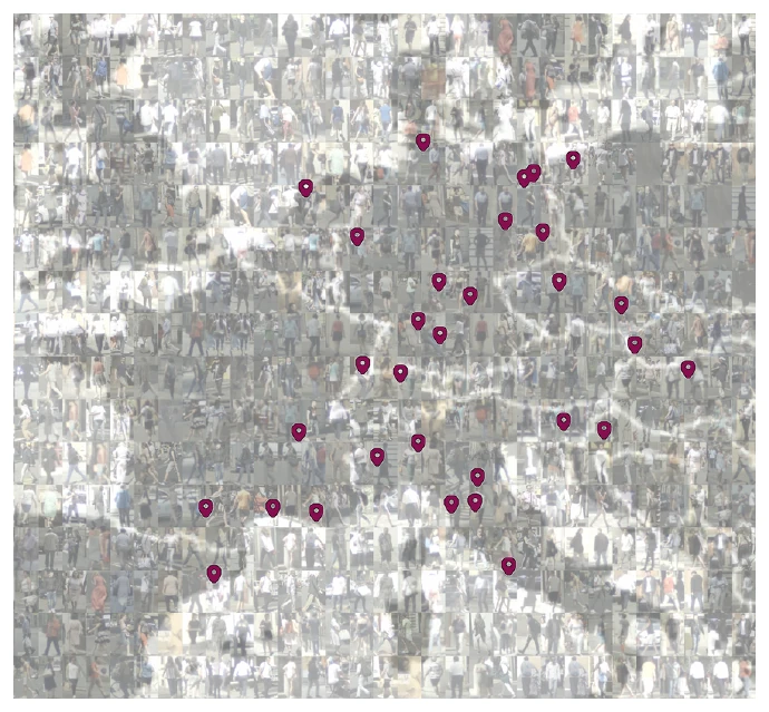 A map of Europe composed as a mosaic of small pedestrian image crops, with pins marking the cities where the dataset was recorded.