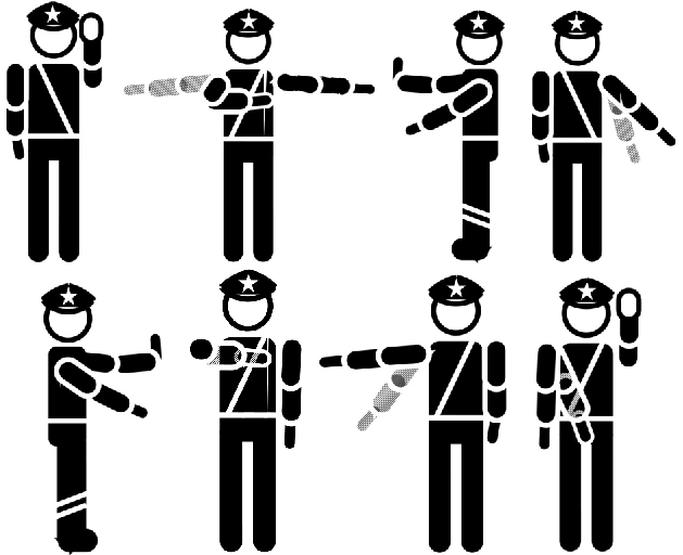 Eight black pictograms of a traffic police officer in two rows, each showing a different arm gesture such as stop, straight, left turn and slow down.