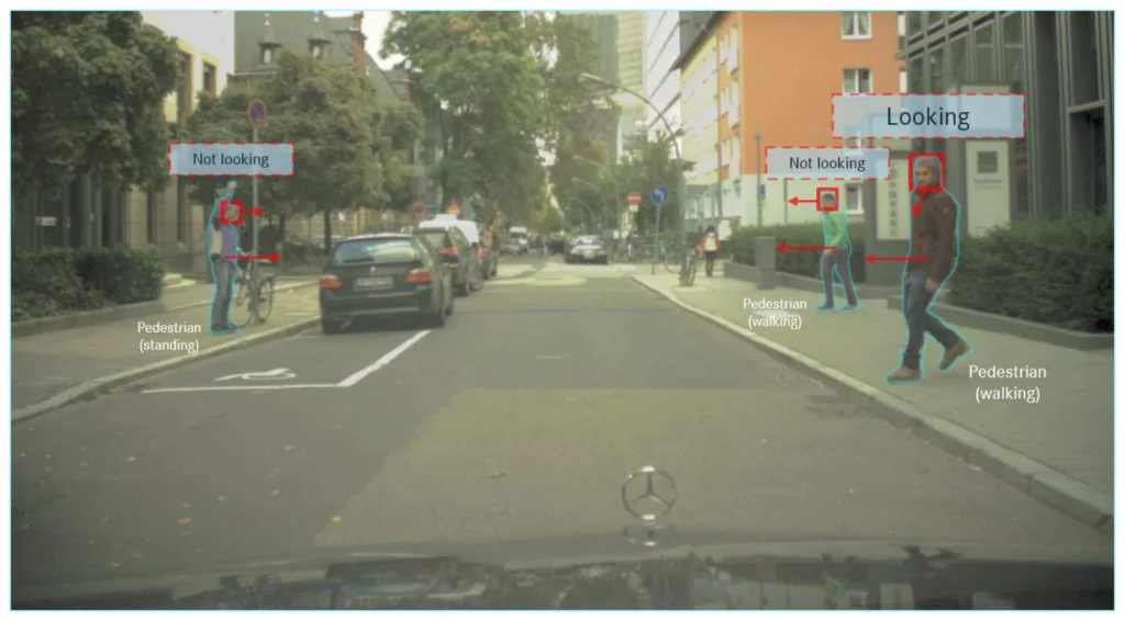 An urban street seen from a car with pedestrians outlined and labelled as standing or walking, with head boxes marked looking or not looking.