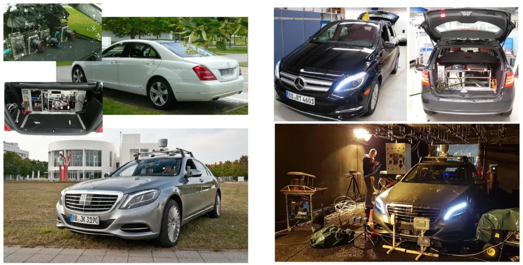 A collage of photos of Mercedes-Benz research vehicles, including sensor rigs, trunk-mounted computing hardware, and a car during a calibration session.