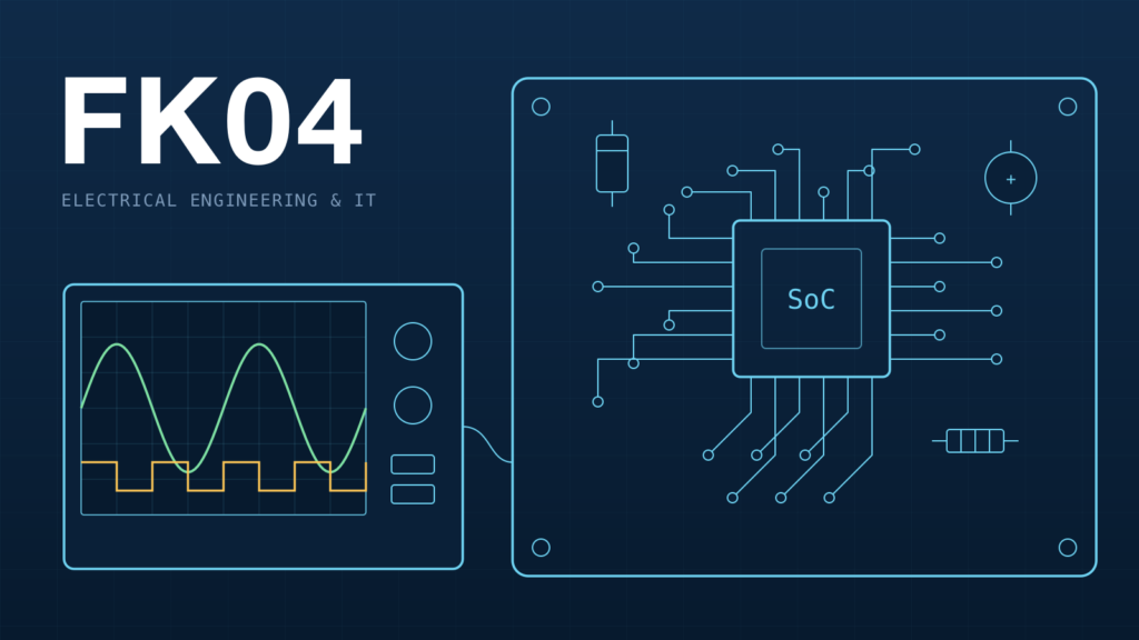 Drawn scene: a circuit board with a processor, traces and an oscilloscope signal