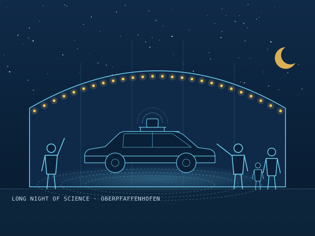 Drawn scene: the research vehicle with its sensor rig in the lit hangar at night, visitors of all ages around it