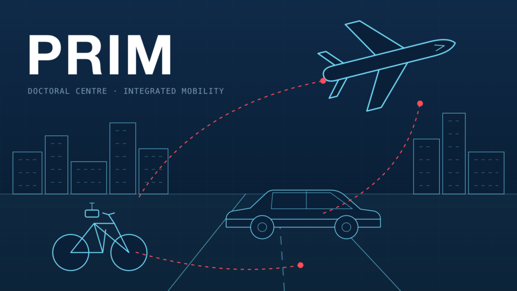 Drawn scene: a car, an aircraft and a cyclist connected by route lines on a city grid