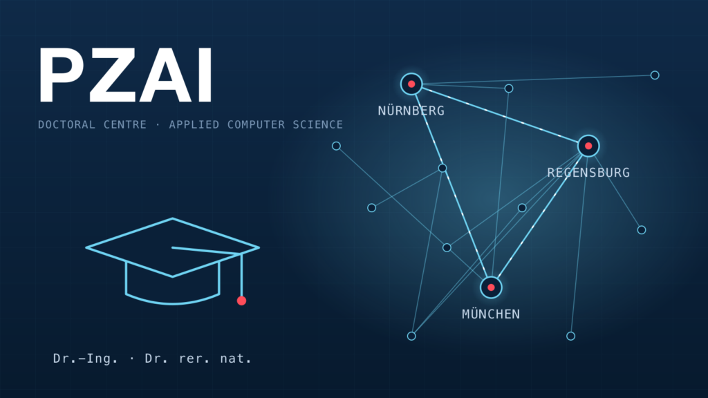 Drawn scene: a doctoral cap above a network of connected nodes and lines of code, linking Regensburg, Munich and Nuremberg
