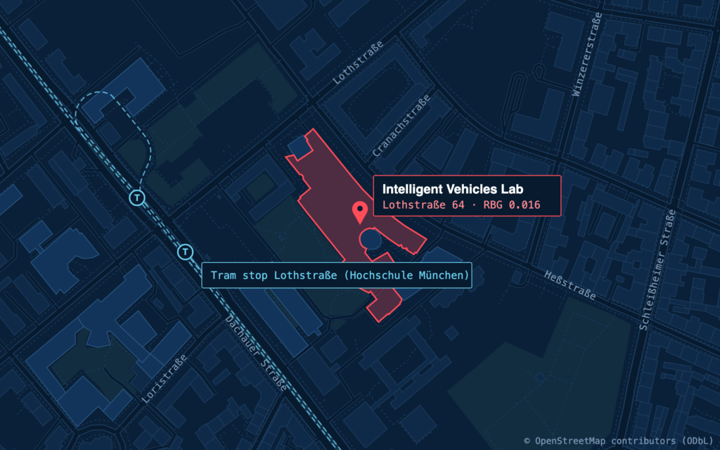 Map of the campus with the building and the tram stop marked